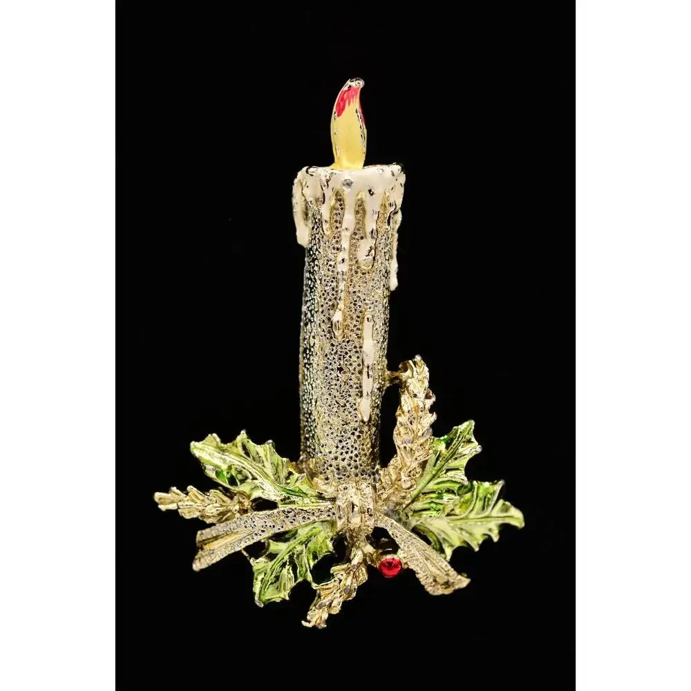 Gerry's Vintage Christmas Candle Pin Brooch Silver Red Green Enamel Signed 9B